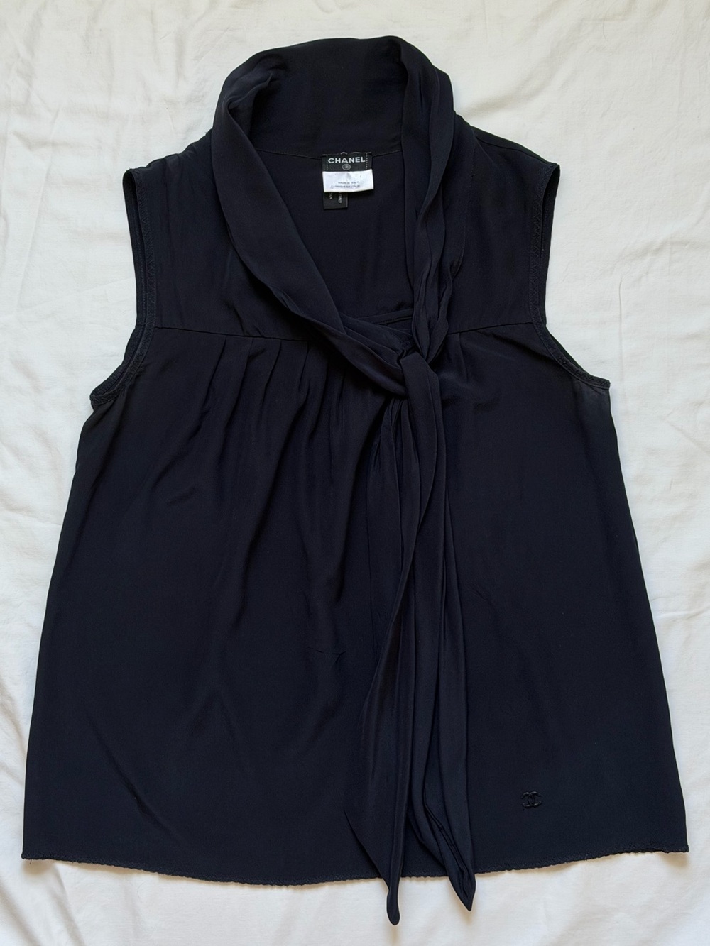 Vintage Chanel 100% Silk Navy Sleeveless Tie Neck Blouse